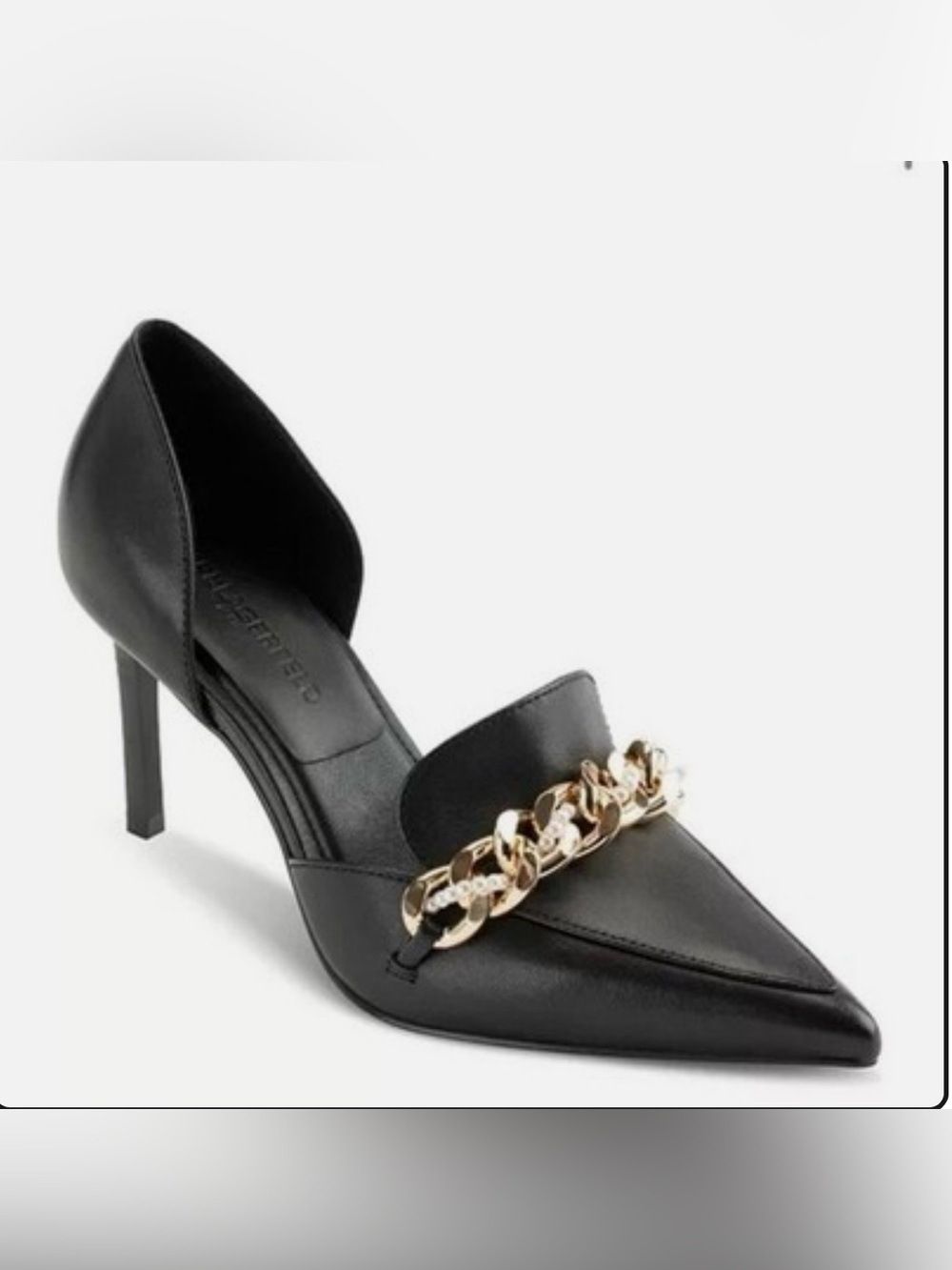 Karl Lagerfeld Black Pointed Toe Heels with Gold Chain